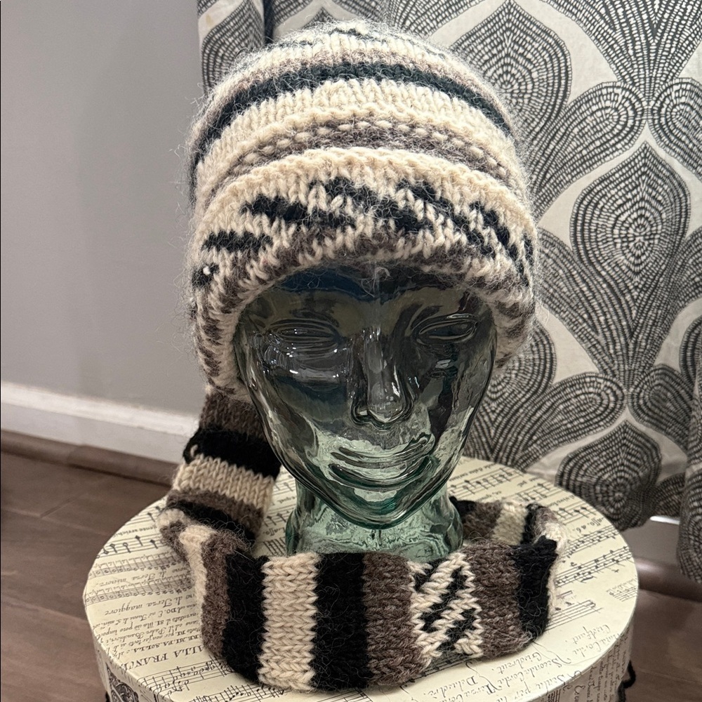 100% Wool Hand Knit in Nepal Beanie Hat with Long Tail
